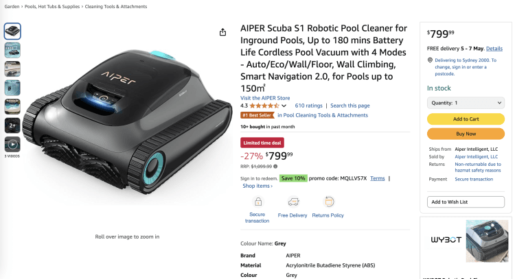 Amazon: AIPER Scuba S1 Robotic Pool Cleaner for Inground Pools – $799 – 27% Off